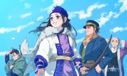 Rule 34 | 1girl, 3boys, ainu clothes, arms behind head, asirpa, belt pouch, black hair, black vest, bow (weapon), cloak, earrings, facial hair, golden kamuy, grey hair, hand on own hip, highres, holding, holding bow (weapon), holding weapon, hood, hood down, hoop earrings, jewelry, long sideburns, long sleeves, military, military uniform, multiple boys, ogata hyakunosuke, parted lips, pouch, sayasaka, scar, scar on face, scar on mouth, scarf, shiraishi yoshitake, sideburns, stubble, sugimoto saichi, uniform, vest, weapon, yellow scarf