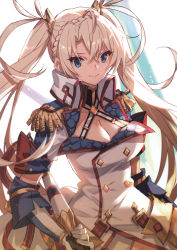 Rule 34 | 1girl, absurdres, blonde hair, blue eyes, bradamante (fate), bradamante (second ascension) (fate), braid, breasts, cleavage, cleavage cutout, closed mouth, clothing cutout, elbow gloves, epaulettes, fate/grand order, fate (series), french braid, gloves, hair ornament, highres, holding, leotard, long hair, looking at viewer, medium breasts, saitou masatsugu, scan, short sleeves, simple background, smile, solo, twintails, uniform, upper body, white background