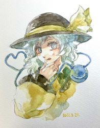 Rule 34 | 1girl, :q, absurdres, black hat, blouse, blush, commentary, dated, frilled shirt collar, frilled sleeves, frills, green eyes, green hair, hand on own chin, hat, hat ribbon, heart, heart-shaped pupils, heart of string, highres, komeiji koishi, long hair, long sleeves, looking at viewer, one-hour drawing challenge, painting (medium), ribbon, shiroma (mamiko), shirt, solo, symbol-shaped pupils, third eye, tongue, tongue out, touhou, traditional media, watercolor (medium), wavy hair, wide sleeves, yellow ribbon, yellow shirt