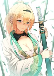 Rule 34 | 1girl, absurdres, bamboo, blonde hair, blush, bow, breasts, cleavage, closed mouth, collarbone, commentary, dated commentary, green eyes, hair bow, highres, holding, holding sword, holding weapon, hololive, japanese clothes, katana, kazama iroha, kimono, lips, long hair, looking at viewer, medium breasts, misa pika, petals, ponytail, sarashi, small breasts, smile, solo, sword, upper body, virtual youtuber, weapon, white background, white kimono, wide sleeves