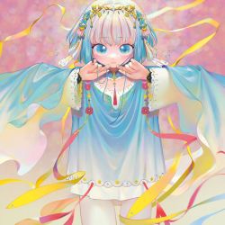 Rule 34 | 1girl, blue eyes, blue hair, blush, clothing request, cowboy shot, gradient hair, hair ornament, highres, holding, holding own hair, kaede (shijie heping), looking at viewer, multicolored hair, original, pantyhose, ribbon, short hair, short hair with long locks, silver hair, solo, white pantyhose, wide sleeves, yellow ribbon
