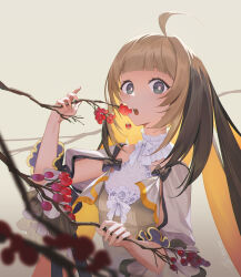 Rule 34 | 1girl, ahoge, blonde hair, blunt bangs, blurry, blurry foreground, branch, brown hair, colored inner hair, dated, food, fruit, gradient background, grey eyes, highres, long hair, looking at viewer, mt (ringofive), multicolored hair, open mouth, original, outdoors, solo, upper body, very long hair