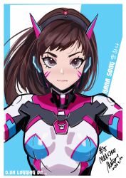 Rule 34 | 1girl, absurdres, artist name, blue bodysuit, bodysuit, breasts, brown eyes, brown hair, character name, closed mouth, commentary, d.va (overwatch), dated, english commentary, english text, eyelashes, facepaint, facial mark, floating hair, highres, interface headset, korean text, light smile, lips, long hair, loose hair strand, melissa 2.0, mixed-language commentary, mixed-language text, multicolored bodysuit, multicolored clothes, overwatch, pilot suit, pink bodysuit, reaching, reaching towards viewer, selfie, serious, signature, skin tight, small breasts, solo, swept bangs, translated, upper body, upturned eyes, whisker markings, white bodysuit, wind