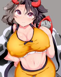 Rule 34 | 1girl, animal ears, animal print, black hair, blush, breasts, bwell, cleavage, closed mouth, commentary request, covered erect nipples, cow ears, cow girl, cow horns, cow print, cowboy shot, crop top, grey background, grey hair, haori, highres, holding, horns, japanese clothes, large breasts, looking at viewer, midriff, multicolored hair, navel, red eyes, red horns, shirt, short hair, shorts, simple background, sleeveless, sleeveless shirt, smile, solo, split-color hair, touhou, two-tone hair, ushizaki urumi, yellow shirt, yellow shorts