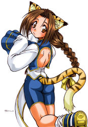 Rule 34 | 1girl, animal ears, ass, back, bike shorts, bloody roar, brown hair, cat ears, cat girl, cat tail, female focus, long sleeves, nonomura uriko, simple background, solo, spandex, tail, tail hole, white background
