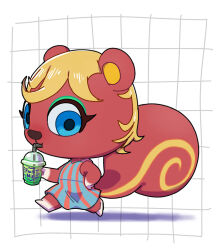 1girl animal_crossing animal_ears blonde_hair blue_dress blue_eyes caroline_(animal_crossing) chibi chibi_only commentary_request cup dress drink eyelashes eyeshadow from_side furry furry_female green_eyeshadow grid_background holding holding_cup kopa_nishikida looking_at_viewer makeup nintendo orange_fur short_hair solo squirrel_ears squirrel_tail striped_clothes striped_dress tail vertical-striped_clothes vertical-striped_dress walking