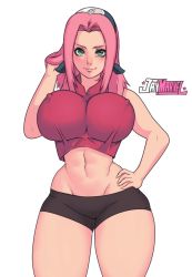 Rule 34 | 1girl, adjusting hair, bike shorts, breasts, covered erect nipples, forehead protector, green eyes, hand in own hair, hand on own hip, haruno sakura, highres, huge breasts, jay-marvel, konohagakure symbol, large breasts, lips, long hair, looking at viewer, naruto, naruto (series), navel, pink hair, shorts, skin tight, solo, thick thighs, thighs, white background