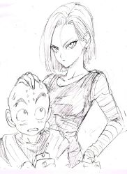 Rule 34 | 1boy, 1girl, android 18, bald, black eyes, blush, commentary request, controller, dougi, dragon ball, dragonball z, earrings, expressionless, eyelashes, fingernails, greyscale, hand on another&#039;s head, hand on own hip, highres, jewelry, kuririn, long sleeves, looking at another, looking at viewer, monochrome, murata yuusuke, open mouth, serious, short hair, simple background, sweatdrop, upper body, white background, wide-eyed