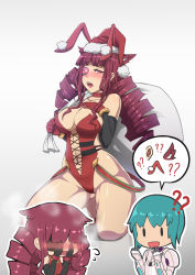 Rule 34 | !?, 2girls, absurdres, animal ears, artificial eye, black sleeves, blush, breasts, cat ears, center opening, chibi, chibi inset, choker, christmas, commentary, covered erect nipples, detached sleeves, drill hair, embarrassed, english commentary, fake animal ears, gloves, glowing, glowing eye, hat, highres, kneeling, large breasts, leotard, lips, long hair, looking at viewer, mechanical eye, multiple girls, navel, nose blush, open mouth, playboy bunny, purple eyes, purple hair, rabbit ears, red choker, red gloves, red leotard, revealing clothes, sack, santa hat, sei asagiri, skindentation, solo focus, speech bubble, stella hoshii, strapless, strapless leotard, va-11 hall-a, yamanata, | |