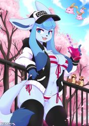 Rule 34 | 1girl, animal ears, bikini, bird, black jacket, blue eyes, blue hair, breasts, cleavage, creatures (company), cup, drinking straw, furry, furry female, game freak, gen 1 pokemon, gen 2 pokemon, gen 4 pokemon, glaceon, hat, highres, holding, holding cup, hoppip, jacket, large breasts, looking at viewer, multicolored bikini, multicolored clothes, nintendo, open mouth, paid reward available, pidgey, pokemon, pokemon (creature), red bikini, striped bikini, striped clothes, swimsuit, tail, teranen, white bikini