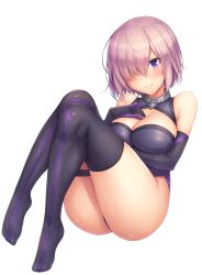 Rule 34 | 1girl, breasts, cleavage cutout, clothing cutout, elbow gloves, fate/grand order, fate (series), gloves, hair over one eye, highres, large breasts, leotard, looking at viewer, mash kyrielight, purple eyes, purple gloves, purple hair, purple leotard, purple thighhighs, short hair, simple background, smile, solo, thigh strap, thighhighs, white background, yuki usagi (snowcanvas)