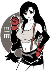 Rule 34 | 1990s (style), 1girl, belt, black hair, breasts, brown eyes, elbow gloves, female focus, final fantasy, final fantasy vii, fingerless gloves, flat color, gloves, hand on own hip, hip focus, long hair, midriff, miniskirt, partially colored, skirt, solo, suspenders, tank top, tifa lockhart, white background, yamamune-z