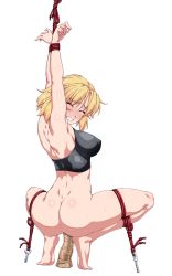 Rule 34 | 1girl, ass, barefoot, blonde hair, blush, bottomless, breasts, censored, clenched teeth, dildo, dildo riding, closed eyes, from behind, full body, highres, large breasts, mizuhashi parsee, mosaic censoring, nose blush, ootsuki wataru, pointy ears, restrained, rope, sex toy, short hair, simple background, solo, squatting, sweat, teeth, touhou, white background