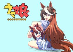 Rule 34 | 2girls, animal ears, blue background, blue eyes, brown hair, dragon ball, dragonball z, earrings, from behind, high ponytail, highres, horse ears, horse girl, horse tail, jewelry, kamishima kanon, long hair, looking at viewer, looking back, multicolored hair, multiple girls, open mouth, parody, pleated skirt, purple eyes, purple shirt, sailor collar, sailor shirt, scene reference, school uniform, shirt, simple background, sitting, skirt, smile, streaked hair, summer uniform, symboli rudolf (umamusume), tail, tokai teio (umamusume), tracen school uniform, trait connection, two-tone hair, umamusume, white hair, white sailor collar, white skirt, aged down