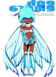 Rule 34 | 1boy, androgynous, blue eyes, blue hair, dark skin, genda, highres, insect wings, looking at viewer, male focus, matching hair/eyes, penis, short hair, simple background, small penis, solo, white background, wings