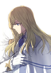 Rule 34 | 1boy, ascot, blonde hair, blue ascot, blue eyes, brooch, cape, closed mouth, fate/grand order, fate (series), feathers, frilled sleeves, frills, from side, gloves, gold trim, hair between eyes, hand on own chest, hand up, jacket, jewelry, kirschtaria wodime, long sleeves, looking down, male focus, simple background, sketch, sleeve cuffs, solo, tsengyun, upper body, white background, white cape, white feathers, white gloves, white jacket