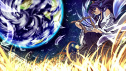 Rule 34 | 1girl, blurry, breasts, depth of field, detached sleeves, earth (planet), feathers, female focus, grass, harp, highres, instrument, japanese clothes, light smile, long hair, miko, nature, original, outdoors, plant, purple eyes, purple hair, rondo umigame, sky, solo, space, star (sky), starry sky