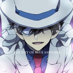Rule 34 | 1boy, :d, blue shirt, brown hair, cape, collared shirt, commentary request, copyright name, covered eyes, dress shirt, english text, facing viewer, floating cape, formal, hat, hat over eyes, highres, kaitou kid, kuroba kaito, magic kaito, male focus, meitantei conan, monocle, monocle chain, necktie, niina 1oo9, open mouth, red necktie, shirt, short hair, signature, smile, solo, suit, top hat, upper body, white cape, white hat, white suit