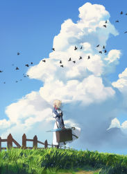 Rule 34 | 1girl, bird, blonde hair, blue eyes, blue sky, braid, cloud, commentary, day, dongho kang, dress, grass, hair ribbon, highres, long sleeves, red ribbon, ribbon, scenery, sky, solo, violet evergarden, violet evergarden (series), wind