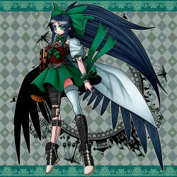Rule 34 | 1girl, absurdly long hair, alternate costume, argyle, argyle background, argyle clothes, asymmetrical footwear, bird wings, black footwear, black hair, black wings, bow, bowtie, cape, closed mouth, club (shape), commentary request, corset, cross-laced footwear, detached collar, diamond (shape), full body, green background, green bow, green bowtie, green eyes, green skirt, hair bow, heart, heterochromia, highres, long hair, looking afar, mismatched footwear, puffy short sleeves, puffy sleeves, ranchuu (akamusume), red eyes, reiuji utsuho, shoes, short sleeves, single thighhigh, skirt, sneakers, solo, spade (shape), thighhighs, third eye, touhou, very long hair, white cape, white thighhighs, wings, wrist cuffs