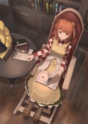 Rule 34 | 1girl, apron, bell, book, bookshelf, casterluex, chair, checkered clothes, checkered shirt, from above, glasses, green skirt, hair bell, hair ornament, looking at viewer, motoori kosuzu, phonograph, red eyes, red hair, shirt, sitting, skirt, smile, solo, table, touhou, turning page, two side up, wooden floor, yellow apron