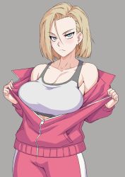 Rule 34 | 1girl, android 18, armpits, bare shoulders, blonde hair, blue eyes, blush, bob cut, breasts, cleavage, cowboy shot, dragon ball, dragon ball super, dragonball z, earrings, embarrassed, female focus, grey background, groin, hands up, highres, hoop earrings, jacket, jewelry, large breasts, legs, looking at viewer, medium hair, mikoyan, pulled by self, simple background, solo, sports bra, standing, thighs, track jacket, track suit, undressing, unzipped, zipper
