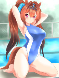 Rule 34 | 1girl, absurdres, antenna hair, arms behind head, barefoot, blue one-piece swimsuit, breasts, brown hair, chain-link fence, commentary request, daiwa scarlet (umamusume), fence, hair between eyes, hair intakes, highleg, highleg swimsuit, highres, horse girl, kneeling, large breasts, long hair, looking at viewer, nanao futaba, one-piece swimsuit, parted bangs, pool, red eyes, solo, swimsuit, thighs, tiara, twintails, umamusume, very long hair