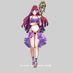 Rule 34 | 1girl, bikini, breasts, cleavage, closed mouth, commentary, conope, fire emblem, fire emblem heroes, flower, full body, grey background, hair flower, hair ornament, holding, holding wand, large breasts, loki (fire emblem), long hair, navel, nintendo, ponytail, purple eyes, purple hair, simple background, smile, solo, swimsuit, wand