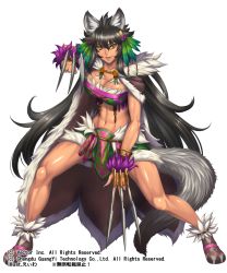 Rule 34 | 1girl, animal ears, black hair, breasts, character request, cleavage, copyright request, eiwa, full body, highres, large breasts, long hair, smile, solo, tail, very long hair, weapon, wolf ears, wolf girl, wolf tail, yellow eyes