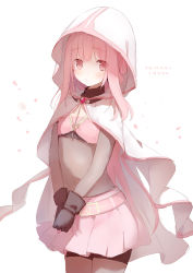 Rule 34 | 1girl, black gloves, blush, bodystocking, character name, cloak, closed mouth, covered navel, gloves, hair between eyes, hood, hood up, hooded cloak, looking at viewer, magia record: mahou shoujo madoka magica gaiden, mahou shoujo madoka magica, pink eyes, pink hair, pink skirt, pleated skirt, skirt, smile, solo, suzumori uina, tamaki iroha, white background, white cloak