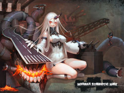 Rule 34 | 10s, 1girl, aako, abyssal ship, boots, breasts, character name, closed mouth, colored eyelashes, colored skin, covered navel, crane (machine), dress, english text, engrish text, gauntlets, highres, horns, kantai collection, knee boots, large breasts, long hair, looking at viewer, orange eyes, ranguage, seaport princess, short dress, sideboob, sidelocks, single horn, sitting, solo, taut clothes, taut dress, turret, very long hair, white dress, white hair, white legwear, white skin