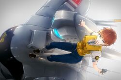 Rule 34 | 1girl, blue eyes, brown eyes, brown hair, full body, highres, izumi noa, kidou keisatsu patlabor, looking at viewer, mecha, necktie, open mouth, police, robot, short hair, short sleeves, simple background, smile, solo, tamago tomato, uniform, white background