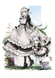 Rule 34 | 2girls, absurdres, alternate costume, apron, black bow, black footwear, black pantyhose, board, bow, breasts, cat, closed mouth, flower, full body, genshin impact, green eyes, grey background, grey hair, highres, light smile, long hair, looking at viewer, maid, maid apron, maid headdress, mary janes, multicolored hair, multiple girls, nahida (genshin impact), open mouth, pantyhose, pink flower, pointy ears, rukkhadevata (genshin impact), shoes, short hair, short sleeves, side ponytail, simple background, small breasts, solo, streaked hair, very long hair, wet floor, white pantyhose, yajuu