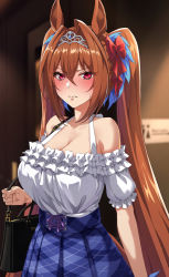Rule 34 | 1girl, 3:, animal ears, bag, bare shoulders, blue skirt, blush, bow, breasts, brown hair, cleavage, closed mouth, collarbone, commentary request, cowboy shot, daiwa scarlet (umamusume), embarrassed, fang, fang out, frilled skirt, frills, hair bow, handbag, horse ears, horse girl, horse tail, indoors, large breasts, long hair, plaid, plaid skirt, red bow, red eyes, seven (shijima), shirt, short sleeves, shoulder bag, skirt, solo, tail, tiara, twintails, umamusume, v-shaped eyebrows, very long hair, white shirt