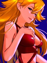 Rule 34 | 1girl, absurdres, bare arms, bare shoulders, blonde hair, blue background, breasts, from side, highres, long hair, looking at viewer, looking to the side, medium breasts, navel, panty &amp; stocking with garterbelt, panty (psg), parted lips, purple eyes, sideways glance, simple background, smile, solo, upper body, vergil mon