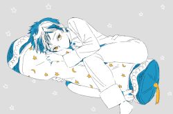 Rule 34 | 1boy, barefoot, blue hair, blush, child, closed mouth, crescent moon symbol, grey background, hug, looking at viewer, male focus, mole, mole under eye, nail polish, original, pajamas, partially colored, pillow, pink nails, pout, simple background, solo, star (symbol), tmku, toenail polish, toenails, yellow eyes