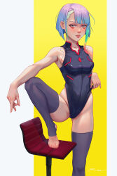Rule 34 | 1girl, absurdres, breasts, cyberpunk (series), cyberpunk edgerunners, feet, foot out of frame, highres, knee up, leg up, legs, leotard, light smile, lucy (cyberpunk), medium breasts, moon, multicolored eyes, multicolored hair, no shoes, pointing, pointing down, razv.art, short hair, simple background, solo, staring, stirrup legwear, toeless legwear, toenails, toes
