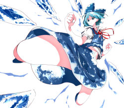 Rule 34 | 1girl, blue dress, blue eyes, blue hair, blush, bow, cirno, dress, dress shirt, fighting stance, foreshortening, hair bow, highres, ice, ice wings, ikurauni, matching hair/eyes, midriff, navel, puffy short sleeves, puffy sleeves, red ribbon, ribbon, shirt, short hair, short sleeves, simple background, skirt, solo, stomach, touhou, white background, white shirt, wings