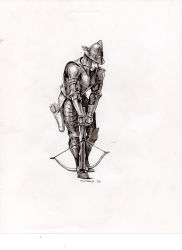 Rule 34 | 1boy, absurdres, armor, bolt, boots, bow (weapon), breastplate, commentary, crossbow, english commentary, full armor, full body, gauntlets, greaves, greyscale, helmet, highres, ink (medium), inktober, male focus, manuel castanon, monochrome, mouth hold, original, pauldrons, quiver, reloading, scan, shoulder armor, simple background, solo, traditional media, weapon, white background