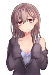 Rule 34 | 1girl, bare shoulders, black jacket, blazer, bra, breasts, brown eyes, brown hair, buttons, camisole, cleavage, closed mouth, collarbone, hair between eyes, hands in opposite sleeves, highres, jacket, long hair, long sleeves, neit ni sei, open jacket, open clothes, open jacket, open shirt, original, pink hair, polka dot, polka dot bra, purple bra, shirt, sleeves past wrists, small breasts, smile, solo, tsurime, unbuttoned, underwear, upper body