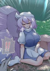 Rule 34 | !, !!, 1girl, apron, blush, breasts, closed eyes, commentary, emphasis lines, full body, highres, large breasts, letty whiterock, light purple hair, outdoors, rock, scavia10, seiza, short sleeves, sitting, solo focus, spoken exclamation mark, sweat, touhou, waist apron, white apron, white footwear, white headwear