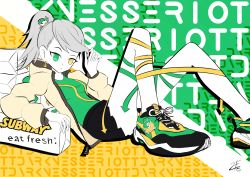 Rule 34 | 1girl, absurdres, artist name, bad id, bad pixiv id, bare legs, beige jacket, black skirt, box, box stack, english text, eriott, expressionless, green shirt, grey hair, heterochromia, highres, jacket, leg ribbon, looking at viewer, multicolored footwear, open clothes, open jacket, original, personification, ponytail, ribbon, shirt, shoes, short hair, skirt, sneakers, solo, subway, subway (company), white hair