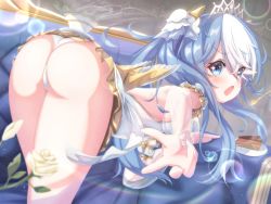 Rule 34 | 1girl, alternate costume, ass, azur lane, blue eyes, blue hair, blurry, blurry background, cake, commentary request, couch, cup, food, highres, lens flare, looking at viewer, maille-breze (azur lane), maille-breze (sugary sabbatical) (azur lane), official alternate costume, open mouth, panties, plate, tiara, underwear, white panties, zusshii (libertasgenesis)