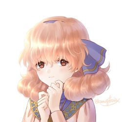 Rule 34 | 1girl, bad id, bad twitter id, brown eyes, brown hair, fire emblem, fire emblem echoes: shadows of valentia, fire emblem gaiden, genny (fire emblem), hanasaki komugi, looking at viewer, nintendo, portrait, signature, smile, solo, twitter username, wavy hair