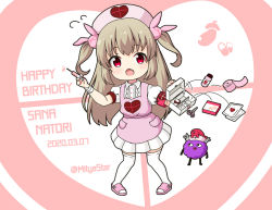 Rule 34 | &gt; &lt;, 1girl, apron, armband, bandaged arm, bandages, blush, bottle, brown hair, character name, chibi, commentary request, dated, eggplant, fang, full body, hair ornament, happy birthday, hat, heart, holding, holding syringe, long hair, looking at viewer, mitya, nail polish, natori sana, nurse cap, open mouth, pill, pink apron, pink footwear, pink headwear, pleated skirt, puffy short sleeves, puffy sleeves, rabbit hair ornament, red eyes, red nails, saana-kun, sana channel, scissors, shirt, short sleeves, skirt, slippers, standing, syringe, thighhighs, twitter username, two side up, very long hair, virtual youtuber, white shirt, white skirt, white thighhighs