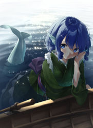Rule 34 | blue eyes, blue hair, boat, fins, frilled kimono, frills, green kimono, head fins, highres, japanese clothes, kanpa (campagne 9), kimono, looking to the side, md5 mismatch, mermaid, monster girl, resolution mismatch, source larger, touhou, underwater, wakasagihime, water, watercraft, wide sleeves