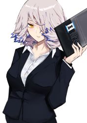Rule 34 | 1girl, arknights, blue hair, business suit, formal, hair over one eye, highres, holding, kitorakito, multicolored hair, orange eyes, orchid (arknights), shirt, short hair, silver hair, solo, streaked hair, suit, upper body, white background, white shirt
