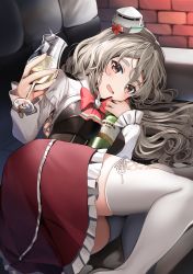 Rule 34 | 1girl, absurdres, bottle, bow, bowtie, breasts, brown eyes, couch, cup, cupping glass, drinking glass, frilled skirt, frills, grey hair, hat, highres, holding, holding bottle, holding cup, indoors, kantai collection, lying, medium breasts, mini hat, miniskirt, on couch, on side, pola (kancolle), red bow, red bowtie, red skirt, shirt, skirt, solo, thick eyebrows, thighhighs, tilted headwear, wavy hair, white shirt, white thighhighs, wine bottle, wine glass, yunamaro