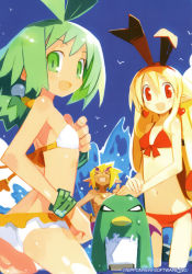 Rule 34 | &gt; &lt;, 1boy, 2girls, :d, akutare, akutare (disgaea), angry, antenna hair, ass, axel (disgaea), back, bikini, bird, blonde hair, blue sky, blush, bracelet, clenched hand, cloud, company name, day, disgaea, earrings, eyebrows, closed eyes, fang, flat chest, flonne, flonne (fallen angel), frilled bikini, frills, from side, front-tie bikini top, front-tie top, green eyes, green hair, hair between eyes, hair ribbon, hair tie, hairband, hand on another&#039;s head, hand on own hip, happy, harada takehito, heart, heart earrings, jewelry, kurtis, kurtis (disgaea), long hair, looking at viewer, looking back, low ponytail, marona (phantom brave), multiple girls, navel, nippon ichi, no pupils, official art, open mouth, outdoors, own hands together, penguin, phantom brave, pointy ears, ponytail, pouch, red bikini, red eyes, ribbon, seagull, short hair, sidelocks, skinny, sky, slit pupils, smile, spiked hair, standing, stitches, swimsuit, thick eyebrows, thumbs up, topless male, very long hair, wading, water, waves, white bikini, wings
