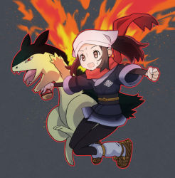 Rule 34 | 1girl, :d, akari (pokemon), brown eyes, brown footwear, brown hair, clenched hand, commentary request, creatures (company), eyelashes, fire, game freak, gen 2 pokemon, grey background, head scarf, highres, holding, holding poke ball, jacket, long hair, loose socks, nintendo, open mouth, outline, outstretched arms, poke ball, poke ball (legends), pokemon, pokemon (creature), pokemon legends: arceus, ponytail, red scarf, scarf, shinbashi seiji, shirt, shoes, smile, socks, typhlosion, white headwear